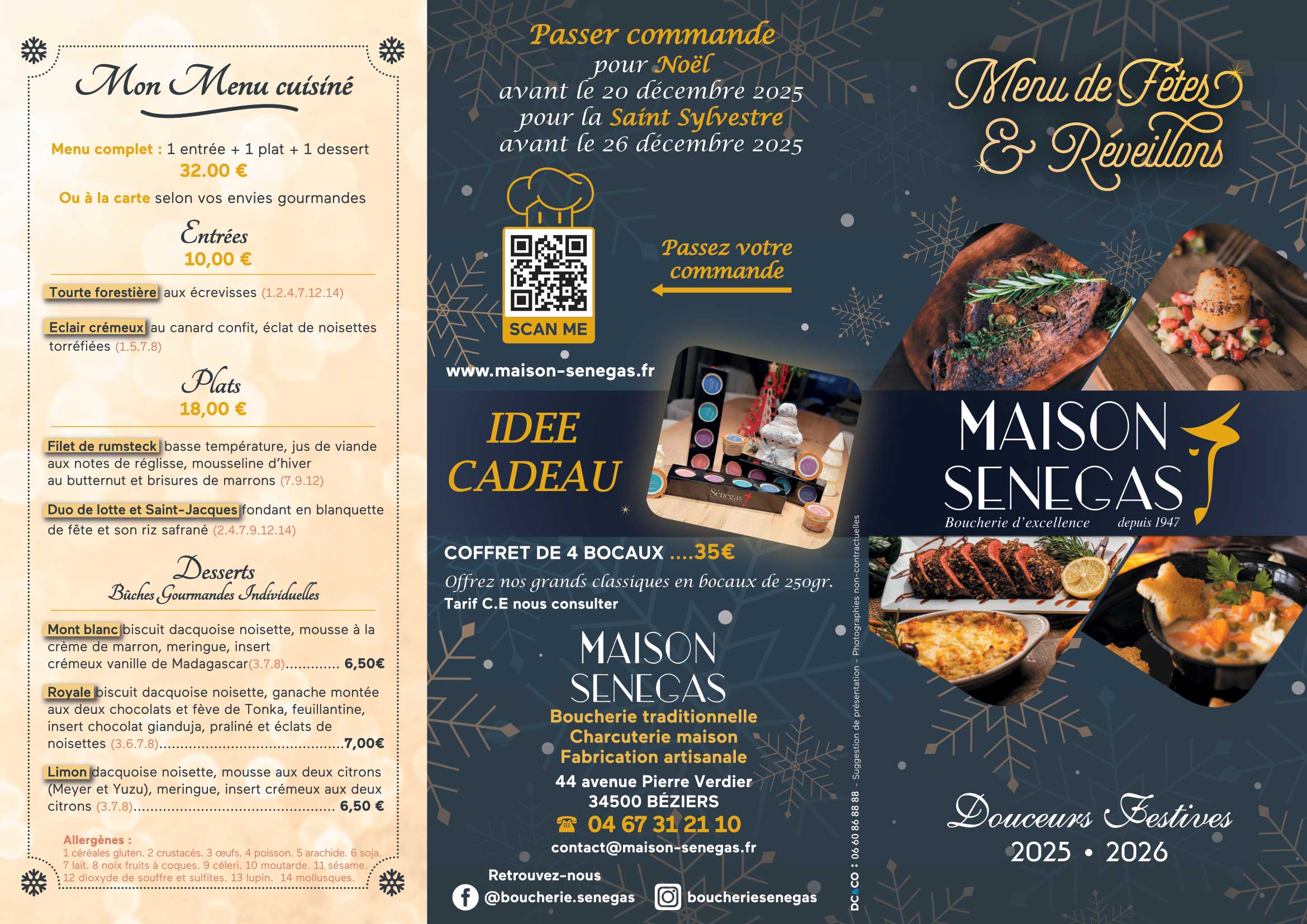 Menu de fêtes et réveillons Maison Senegas 2025